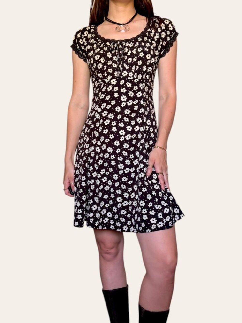 Monteau black and white floral milkmaid dress - Small